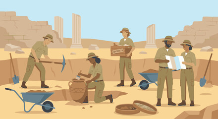 考古學家與團隊合作
Flat vector illustration of a group of archaeologists working together at a dig site. Tools, crates, and ruins visible. Flat vector style, teamwork and research theme.