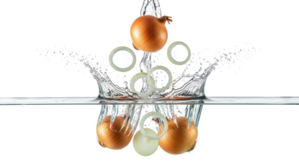 Fresh brown onion plunging into clear water creating an energetic splash with separated slices suspended above and submerged below vegetable food ingredient cooking yellow onion transparent background