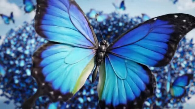 Mesmerizing swarm of radiant blue butterflies gracefully fluttering in a dreamlike sky, creating a breathtaking visual spectacle.