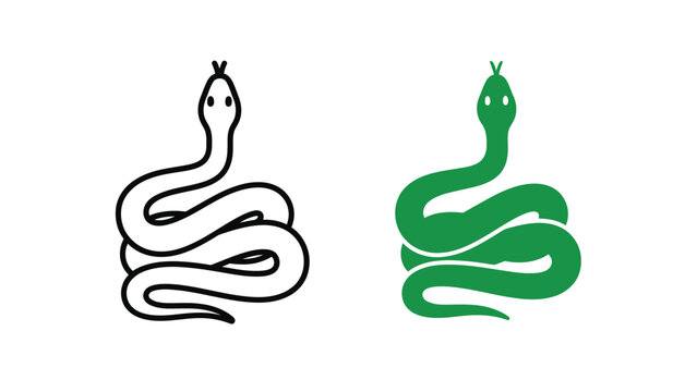 Simple yet expressive illustration showing a coiled green snake icon next to its black and white outline version for design versatility