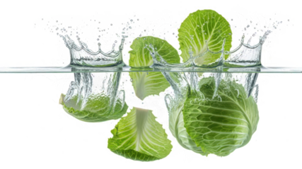 Fresh green cabbage pieces splash dramatically into clear water creating crown shaped ripples and dynamic water movement splashing vegetable impact cooking healthy food transparent background