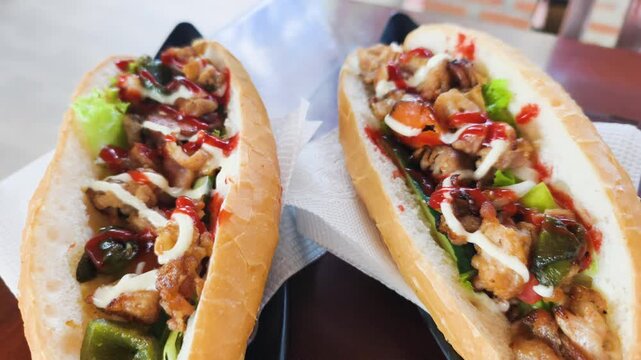This Asian Banh Mi has fresh greens and pork. Order Asian Banh Mi for quick lunch. Tasty baguette with red sauce is best choice for hungry people in city now. Quick Asian Snack Concept