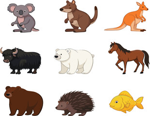 Fototapeta premium Comprehensive Vector Illustration Set of Diverse Animals Featuring Koala Kangaroo Polar Bear Yak Horse and Goldfish.