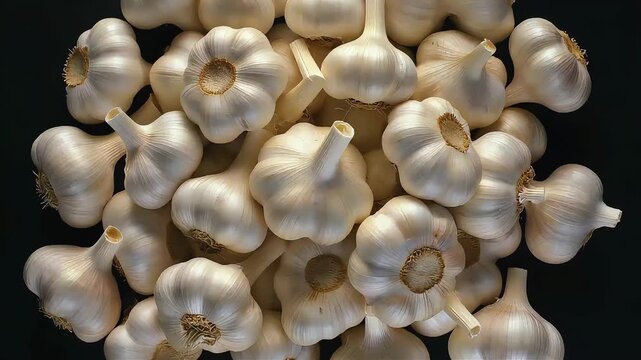 Ultra high-impact cinematic shot of fresh whole garlic bulbs in a dense overflowing pile, clean white texture, dramatic lighting, premium culinary ingredient background.