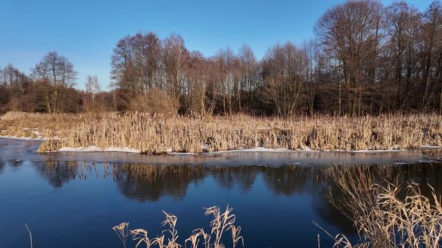 Winter and snow on the small Grabia River, Poland.