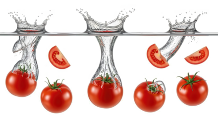 Sequence of fresh red tomatoes splashing into clear water showing whole fruits and slices undergoing water impact motion vegetable ripe liquid dropping clean healthy transparent background