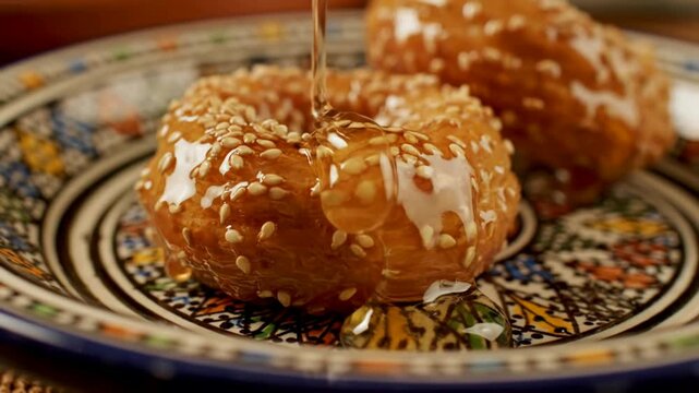 Traditional Moroccan Chebakia Pastries with Honey Glaze on Decorative Plate with Intricate Design