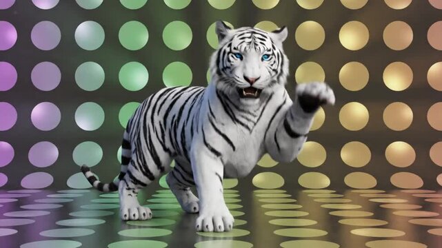 Striking white tiger snarling and leaping in vibrant disco background with colorful glowing lights and dance floor