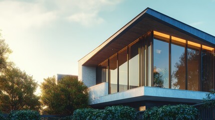 Fototapeta premium Modern Luxury Villa Architecture with Cantilever Roof and Bronze Accents at Sunset