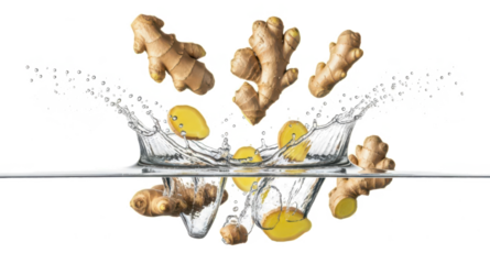 Fresh ginger roots and slices splash dynamically into water creating ripples and energetic droplets in an action shot spice cooking natural ingredient rhizome healthy transparent background