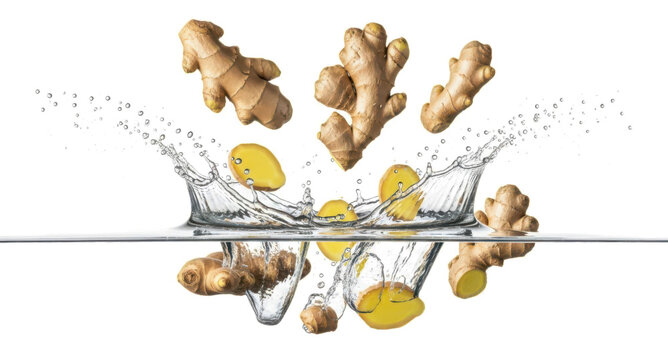 Fresh ginger roots and slices splash dynamically into water creating ripples and energetic droplets in an action shot spice cooking natural ingredient rhizome healthy transparent background