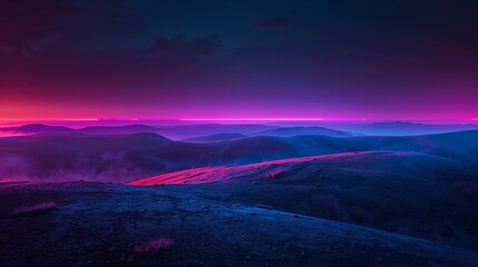 Stunning mountain landscape unfolds under a dramatic twilight sky illuminated by vibrant neon pink and deep indigo light pollution casting long shadows across the rolling terrain.