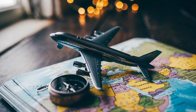 Close up of toy airplane and vintage compass on colorful world map for global travel planning concepts - Powered by Adobe