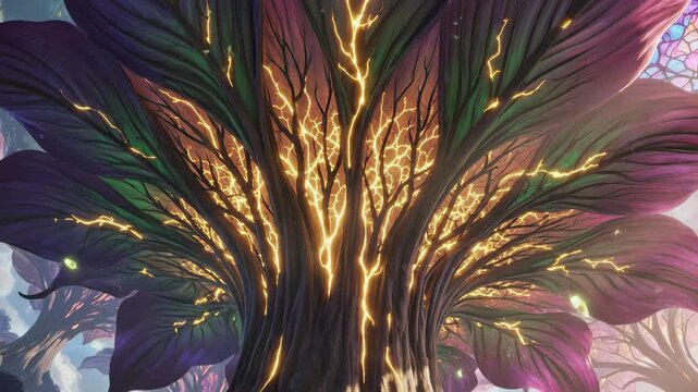 A giant magical tree glows with bright golden energy. Thick roots anchor its vibrant trunk in an ethereal forest. Ethereal power flows through its mystical branches and large colorful leaves.