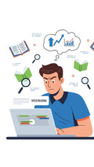 A man intensely reading on his laptop with floating books