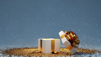 Elegant gift box bursting with golden confetti