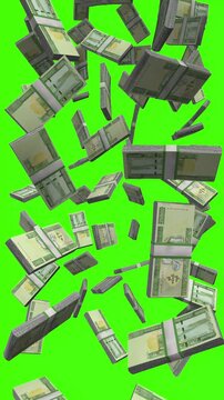 Vertical Myanmar Kyat bills falling on chromakey, MMK cash rain