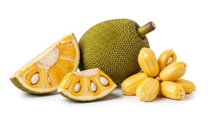 Whole Jackfruit and Slices with Yellow Flesh and Seeds on White Background