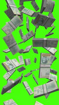 Vertical Venezuelan Bolivar bills falling on chromakey, VES finance animation