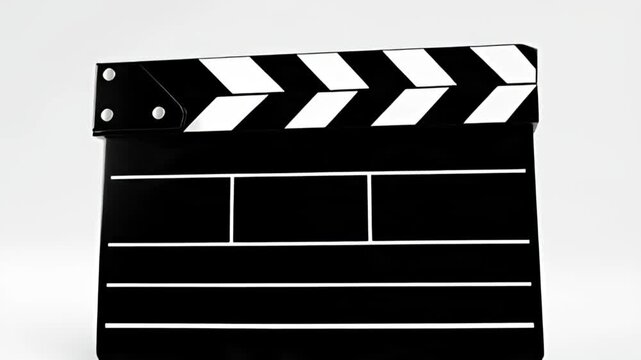 A black and white clapboard on a plain background is viewed from the front with clear visibility of its details and markings for film production purposes