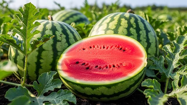 Close-up of ripe watermelons on a vine, one cut open to reveal red fruit
