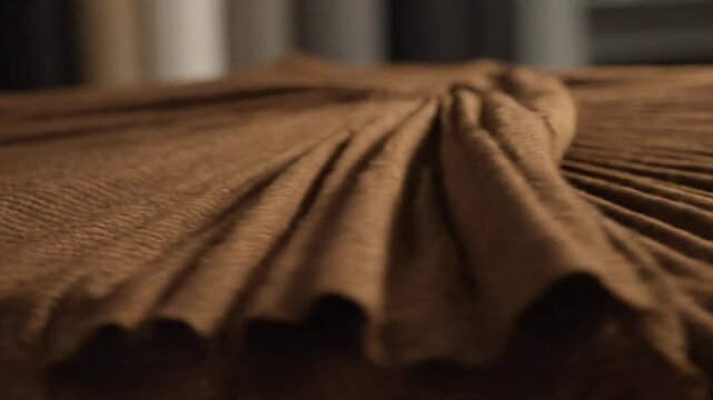 Close-up of a brown fabric, pleated and folded into a fan shape, displaying texture and design