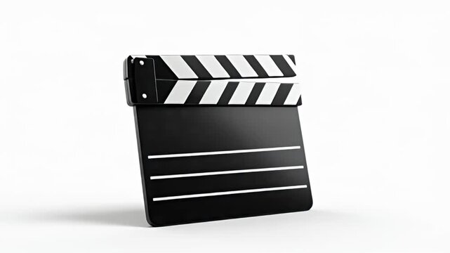 A black clapperboard standing upright on a white surface with a subtle shadow underneath it, viewed from the side.