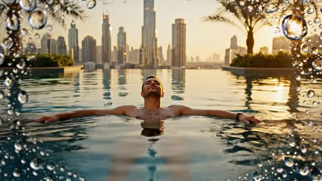 Relaxing in an infinity pool with a panoramic view of the Dubai cityscape at sunset