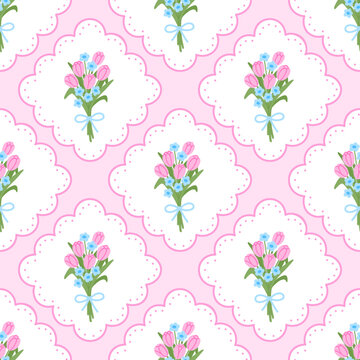 Preppy coquette seamless pattern with blue bow, tulips flowers, lace napkin. Floral spring damask background. Spring or summer season