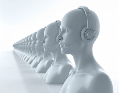 Row of humanoid robots wearing headsets.