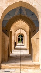 Series of arched passageways lead to a garden view