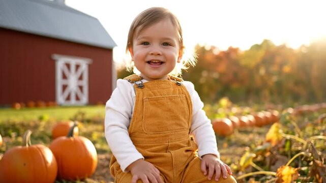 Happy toddler smiles widely in a pumpkin patch during a bright, sunny autumn day with barn in background