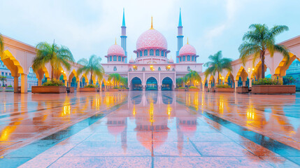 Realistic Symmetrical Mosque Courtyard After Rain with Pink Domes, Palm Trees and Golden Lights, Wet Marble Reflections, Wide-Angle Travel Background