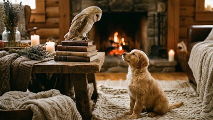 Cute Golden Retriever Puppy Looking at Barn Owl Perched on Books in Cozy Cabin Interior with Fireplace