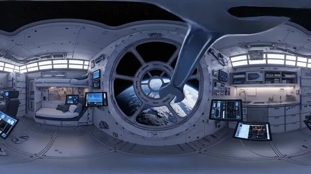 360 degree panorama of a futuristic space station interior with Earth view.