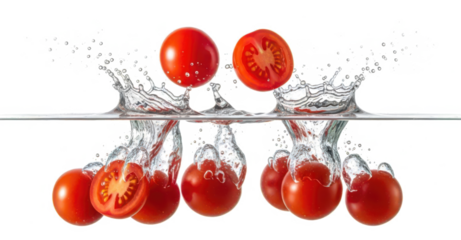 Ripe red cherry tomatoes splash dramatically into clear water creating high speed liquid motion and reflection effects fresh vegetable fruit whole half drop impact wave transparent background