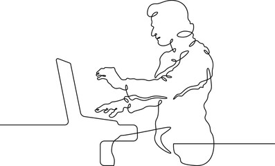 Continuous single line drawing A young man at a laptop. A programmer works online at a laptop.  Linear.One continuous line isolated minimalist illustration. Not AI.