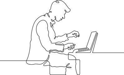 Continuous single line drawing A young man at a laptop. A programmer works online at a laptop.  Linear.One continuous line isolated minimalist illustration. Not AI.