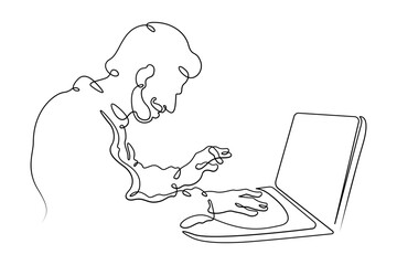 Continuous single line drawing A young man at a laptop. A programmer works online at a laptop.  Linear.One continuous line isolated minimalist illustration. Not AI.