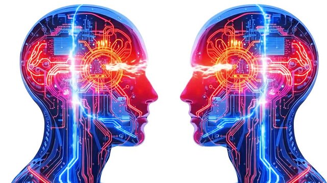 A video showcasing two robotic heads facing each other in profile view. Human brain neural network collection.