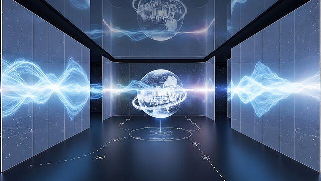 Futuristic server room or digital laboratory with holographic globe and energy waves between glass panels reflecting advanced data processing systems - Powered by Adobe