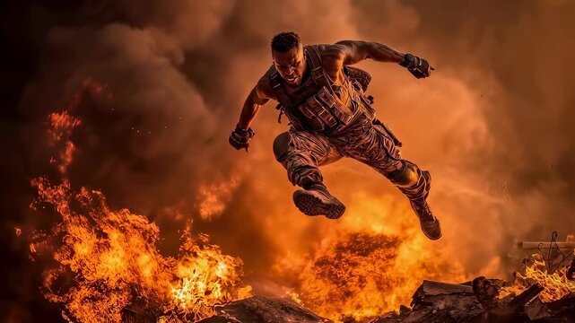 Tactical action hero leaps through explosion and burning wreckage in high-stakes blockbuster movie scene with intense fire, smoke, and dynamic motion