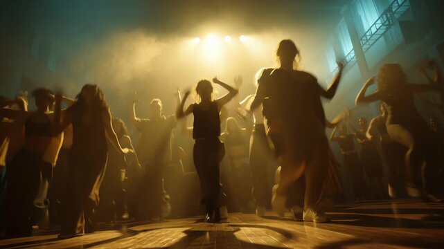 Cinematic dance celebration moment featuring people, collective joy and energy captured mid-motion, layered group composition, soft directional light and shadow, realistic textures and movement