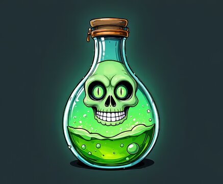 una calavera dentro de un matraz de laboratorio lleno de un veneno verde brillante.