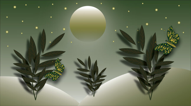 Mystical moonlit garden with butterflies and tropical leaves.