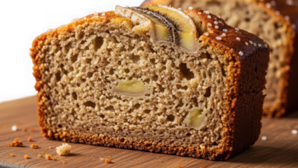 Delicious banana bread loaf sliced on wooden board