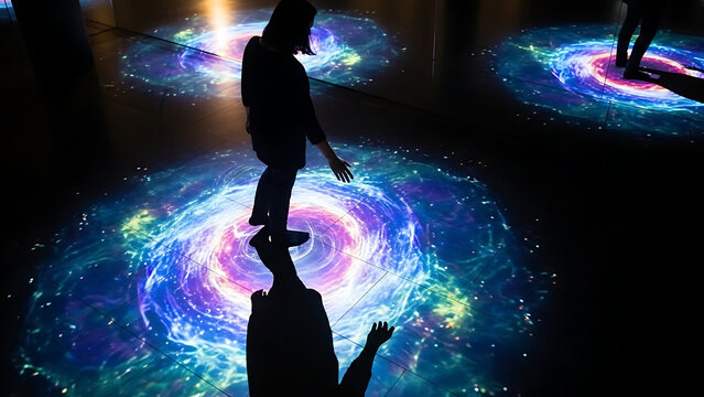 Silhouette of a person standing on a floor with projected swirling galaxy patterns interactive light art installation exploring cosmos and space themes