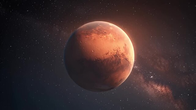 A stunning red planet floats majestically in the vast, starry space, illuminated by a radiant glow from its surface