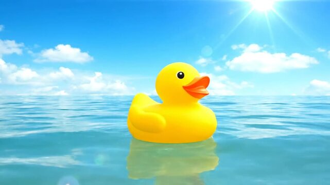 Brightly lit rubber duck floating on the ocean under a clear blue sky on a sunny day