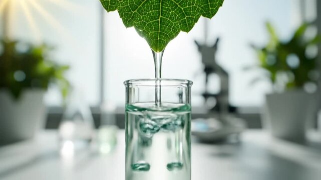 Closeup of water dripping from green leaf into a glass test tube in a laboratory setting with bright sunlight